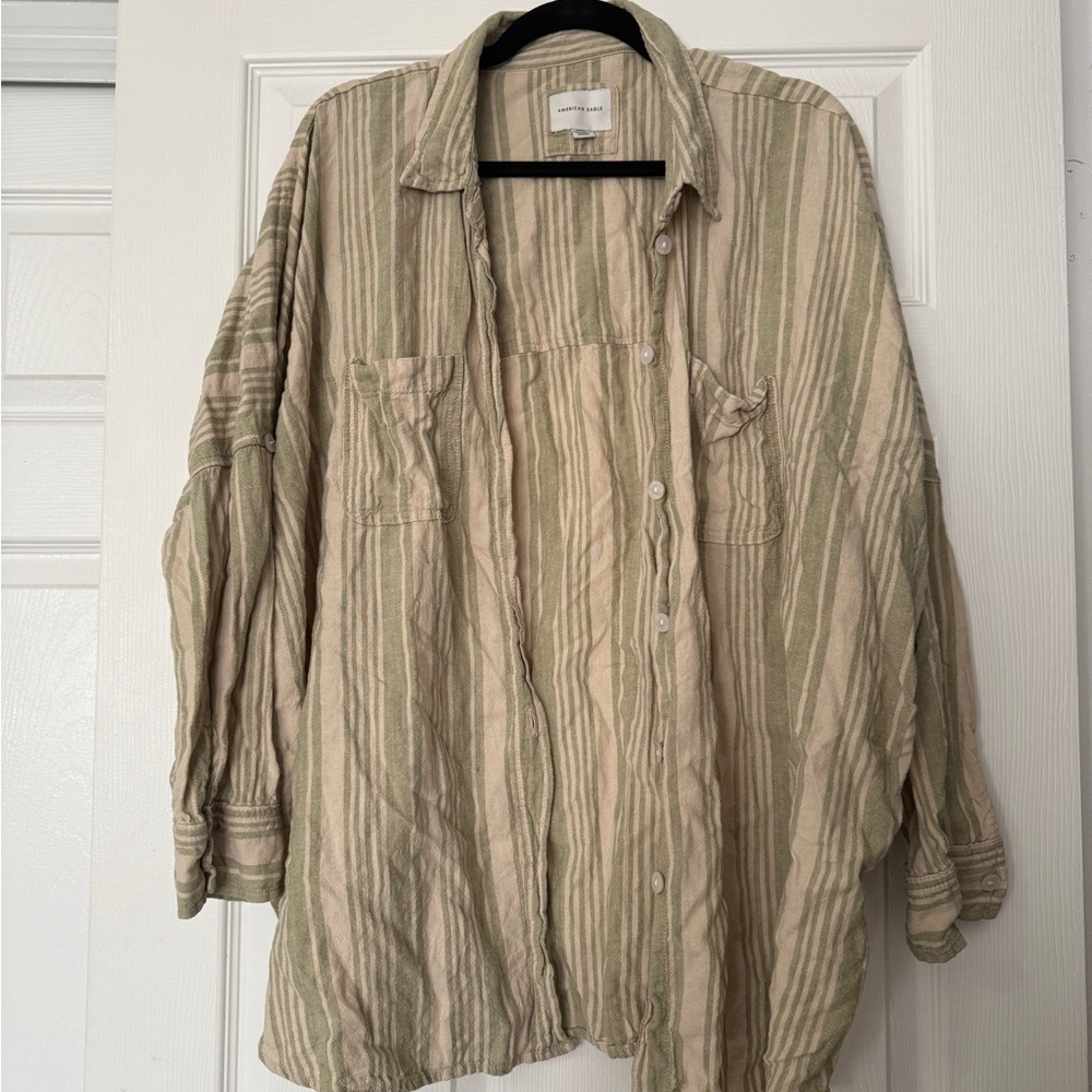 American Eagle Outfitters Green and Cream Striped Shirt